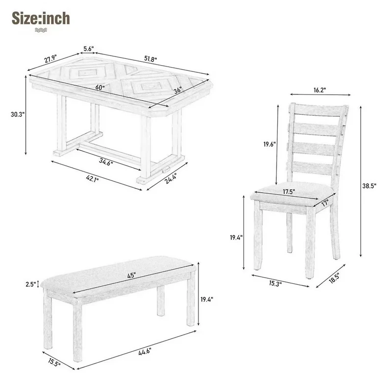 Simplie Fun 6-Piece Rubberwood Dining Table Set With Beautiful Wood Grain Pattern Table Top Solid Wood