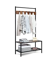 3 in 1 Industrial Coat Rack Shoe Bench Hall Tree Entryway Storage Shelf w/ Hooks