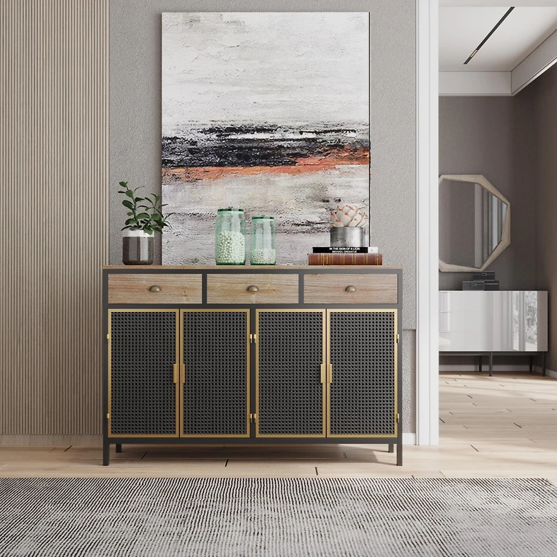 4 Doors Modern Sideboard With 3 Top Drawers, Freestanding Sideboard Storage Cabinet Entryway