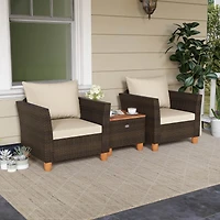 Costway 3PCS Patio Rattan Bistro Furniture Set Wood Table Top Cushion Sofa