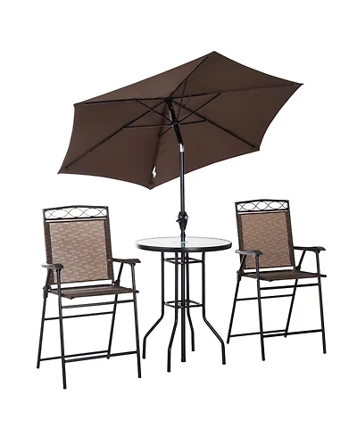 Outsunny 4 Piece Outdoor Patio Dining Furniture Set, 2 Folding Chairs, Adjustable Angle Umbrella, Wave Textured Tempered Glass Dinner Table