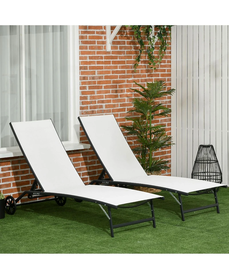 Outsunny Patio Chaise Lounge Chair Set of 2, 2 Piece Outdoor Recliner with Wheels, 5 Level Adjustable Backrest for Garden, Deck & Poolside, Cream Whit