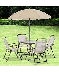 Outsunny 6 Piece Patio Dining Set for 4 with Umbrella, 4 Folding Dining Chairs & Round Glass Table for Garden, Backyard and Poolside, Beige