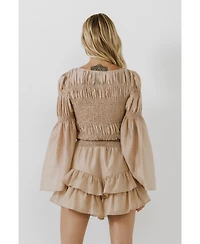 endless rose Women's Smocked Top with Bell Sleeves