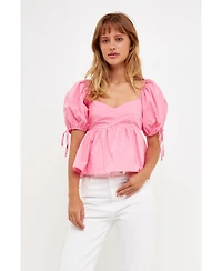 English Factory Women's Tied Strap Puff Sleeve Woven Top