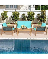 Costway 4PCS Patio Rattan Furniture Set Acacia Wood Cushioned Sofa