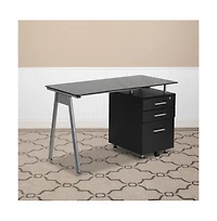 Emma+Oliver Computer Desk With Tempered Glass Top And Three Drawer Pedestal