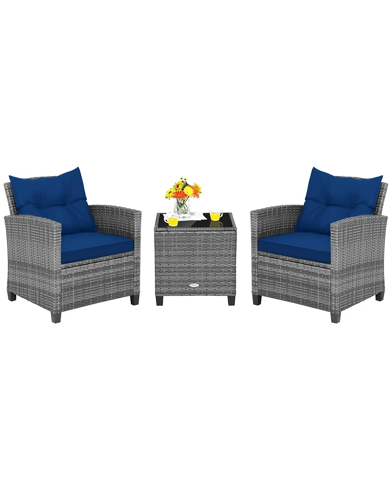3PCS Patio Rattan Furniture Bistro Set Cushioned Sofas Side Table Armrest