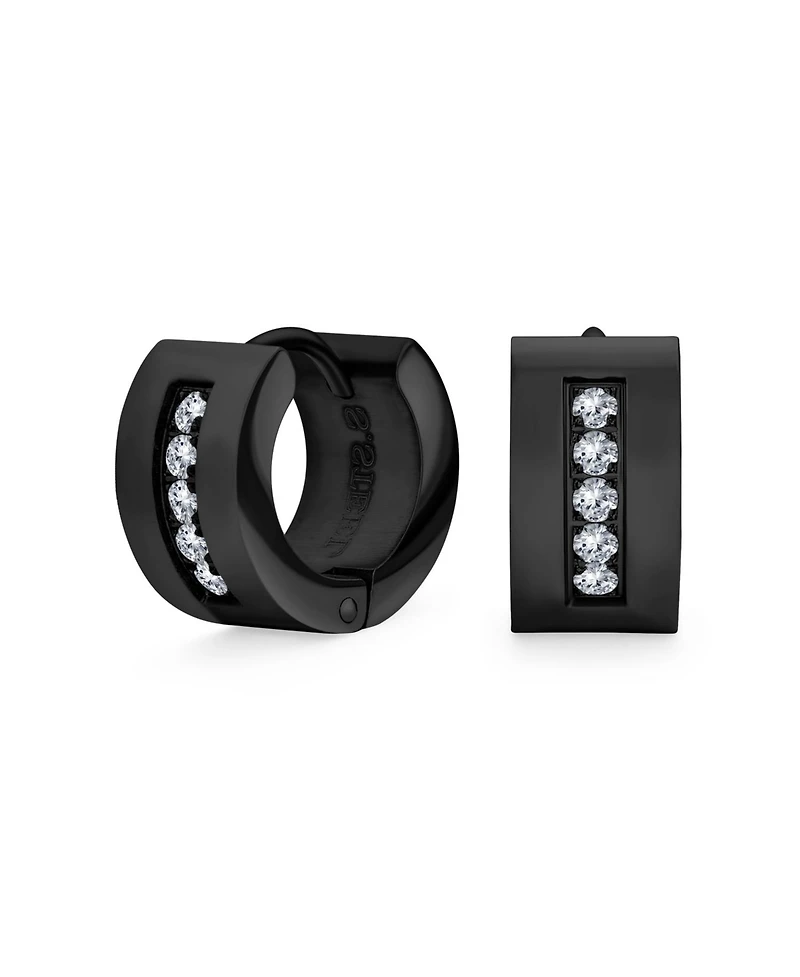 Unisex Channel Set 3 Row Cubic Zirconia Cz K-pop Wide Mini Hoop Huggie Earrings For Men Women Black Plated Steel Stainless