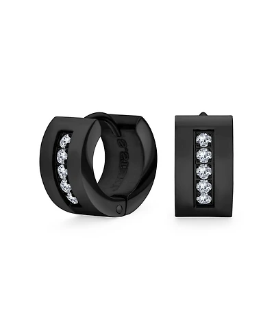 Unisex Channel Set 3 Row Cubic Zirconia Cz K-pop Wide Mini Hoop Huggie Earrings For Men Women Black Plated Steel Stainless