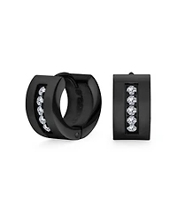 Unisex Channel Set 3 Row Cubic Zirconia Cz K-pop Wide Mini Hoop Huggie Earrings For Men Women Black Plated Steel Stainless