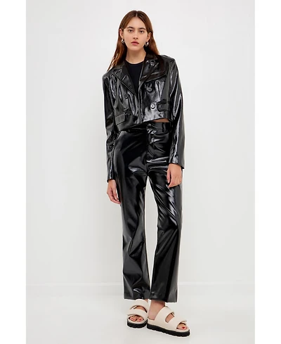 Grey Lab Women's Shiny Faux Leather Cropped Jacket