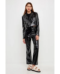 Grey Lab Women's Shiny Faux Leather Cropped Jacket