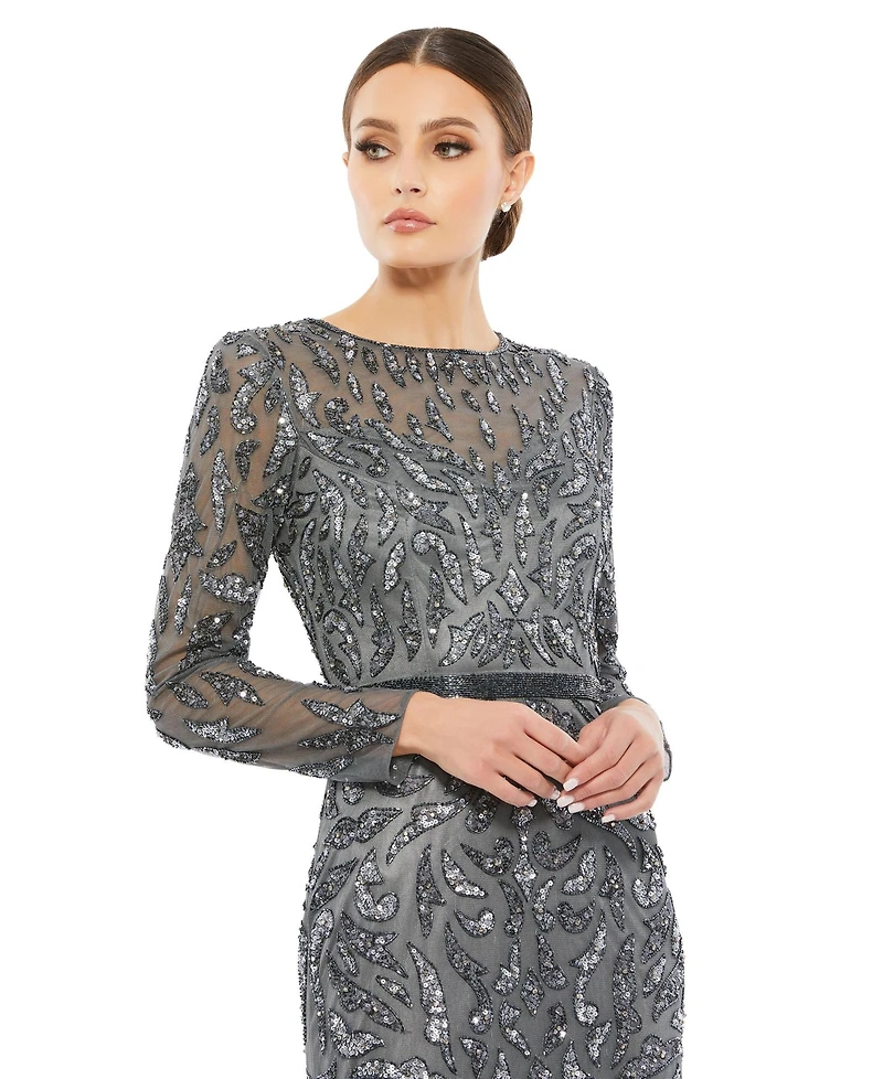 Mac Duggal Women's Beaded Long Sleeve Evening Gown
