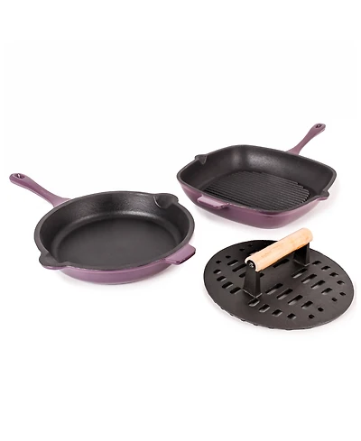 BergHOFF Neo Enameled Cast Iron 3 Piece 10" Fry Pan, 11" Grill Pan, and Slotted Steak Press Set