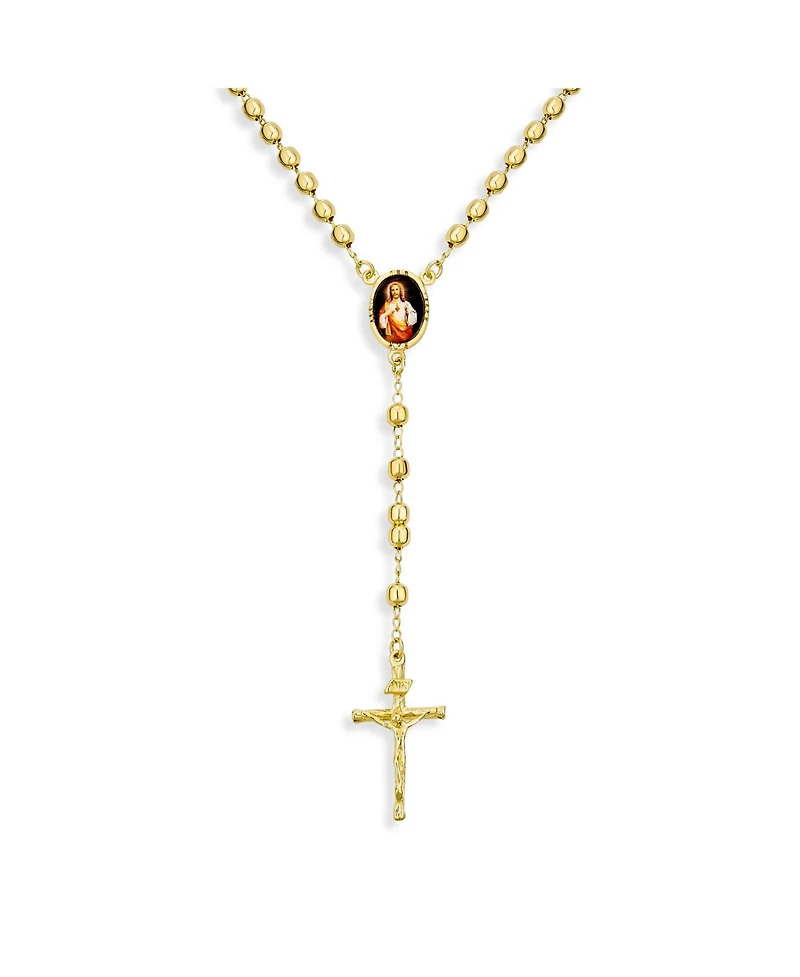 Bling Jewelry Catholic Christian Prayer Rosario Ball Beads Cross Catholic Scared Heart of Jesus Rosary Beads Necklace 18K Gold Plated Brass