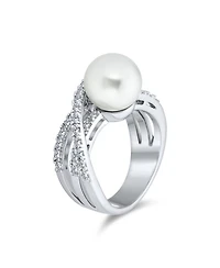 Bling Jewelry Geometric Criss Cross Pave Cz Solitaire White Simulated Pearl Fashion Statement Ring Silver Plated Brass