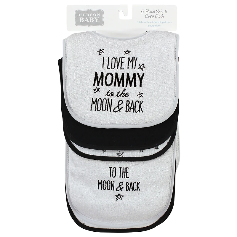 Hudson Baby Baby Boys Hudson Unisex Cotton Terry Bib and Burp Cloth Set, Mom Dad Moon And Back