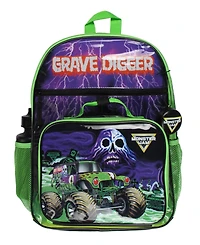 Monster Jam Grave Digger Truck 5 Pc Backpack Lunchbox Icepack Water Bottle Keychain