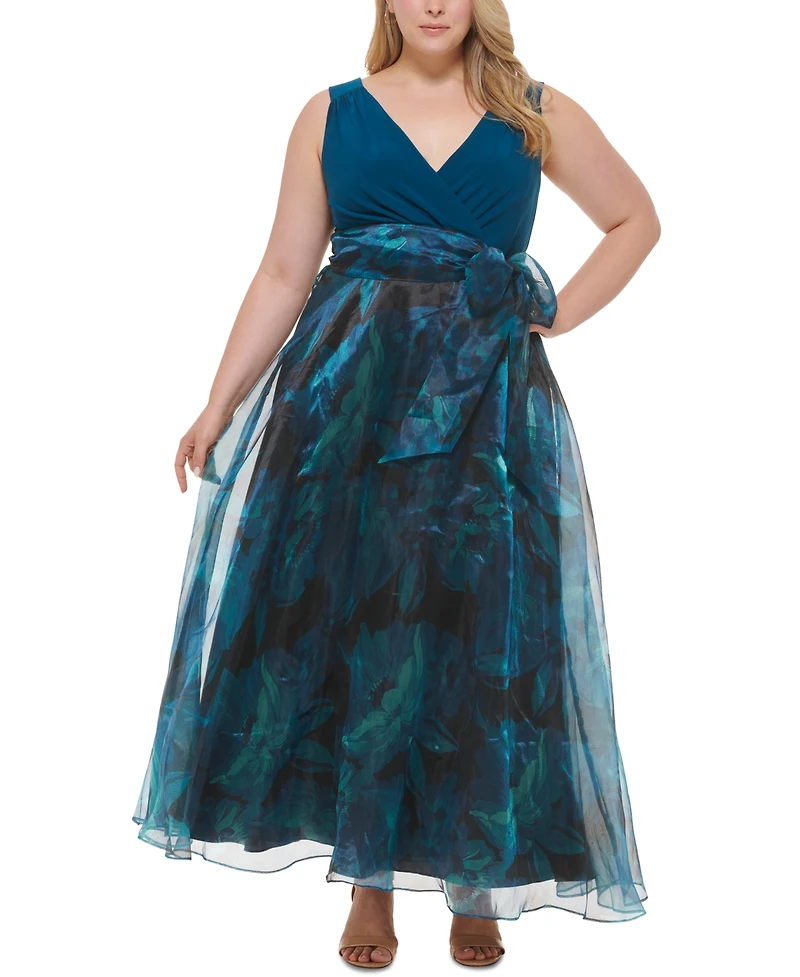 Eliza J Plus Bow-Front V-Neck Sleeveless Organza Gown