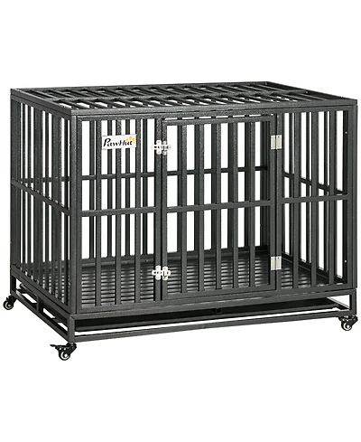 PawHut Heavy Duty Steel Dog Crate Kennel with Wheels and 1 Access Door,