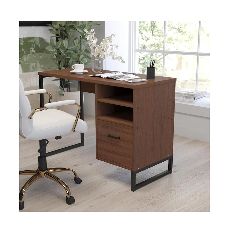 Merrick Lane Brighton Rustic Computer Desk With Shelving And Storage Drawer Metal Frame Pedestal Base Home Office Desk