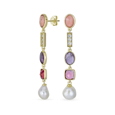 Bling Jewelry Boho Tri Tone Mixed Crystal Accent Linear Thin Long Baroque Pearl Pink Tourmaline Purple Natural Amethyst Dangle Earrings Gold Plated