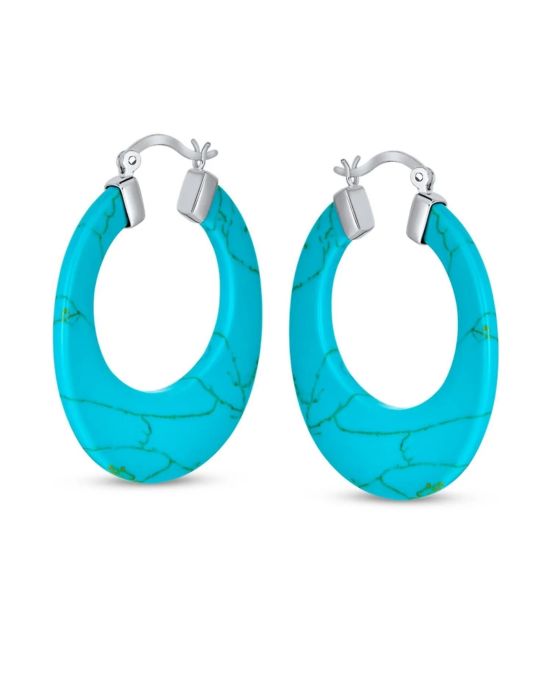 Bling Jewelry Wide Flat Stone Large Oval Hoop Earrings Sterling Silver 1.5 Inch Diameter