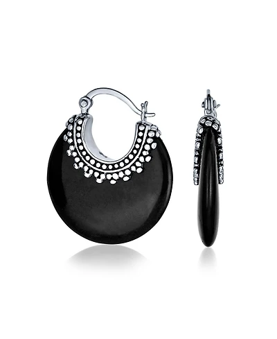Bling Jewelry Tribal Black Natural Onyx Round Half Crescent Hoop Earrings Oxidized Milgrain Caviar Bead Sterling Silver