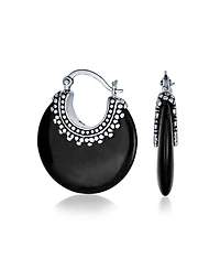Bling Jewelry Tribal Black Natural Onyx Round Half Crescent Hoop Earrings Oxidized Milgrain Caviar Bead Sterling Silver