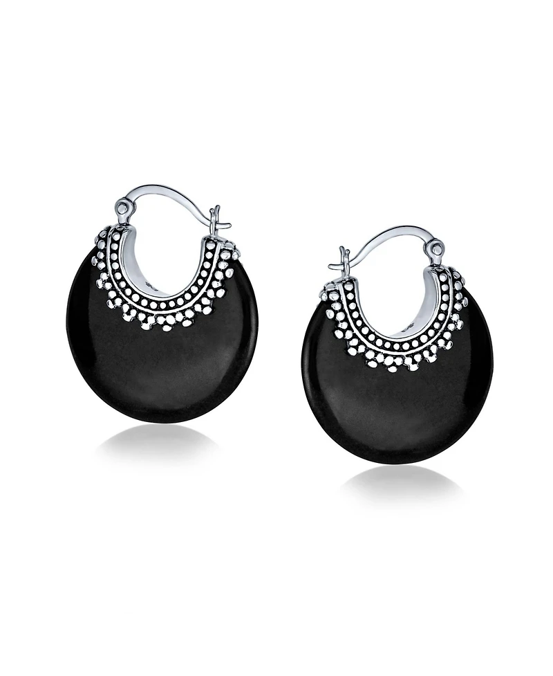 Bling Jewelry Tribal Black Natural Onyx Round Half Crescent Hoop Earrings Oxidized Milgrain Caviar Bead Sterling Silver