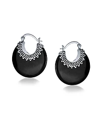 Bling Jewelry Tribal Black Natural Onyx Round Half Crescent Hoop Earrings Oxidized Milgrain Caviar Bead Sterling Silver