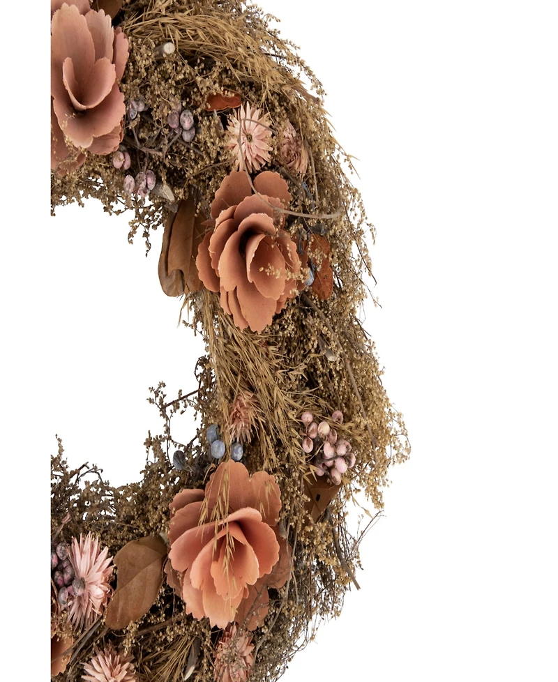 Orange and Coral Pink Twig and Floral Autumn Harvest Wreath 13.75" Unlit