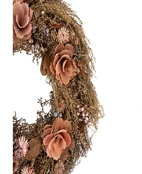 Orange and Coral Pink Twig and Floral Autumn Harvest Wreath 13.75" Unlit