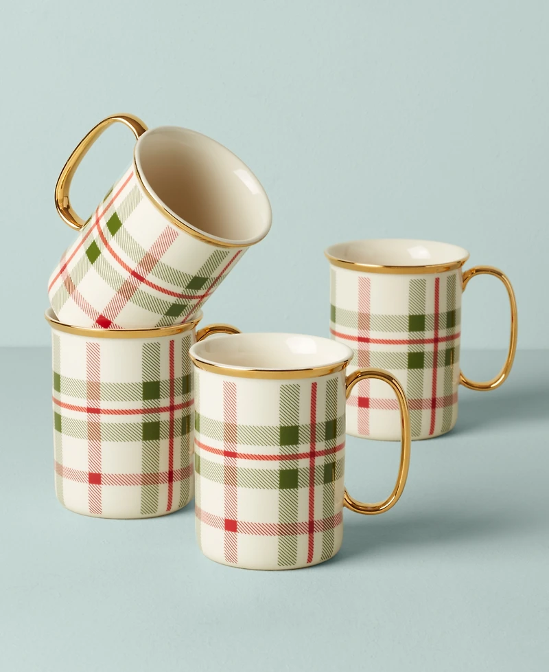 Lenox Holiday Plaid Gold-Trimmed Mugs, Set of 4