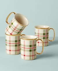 Lenox Holiday Plaid Gold-Trimmed Mugs, Set of 4