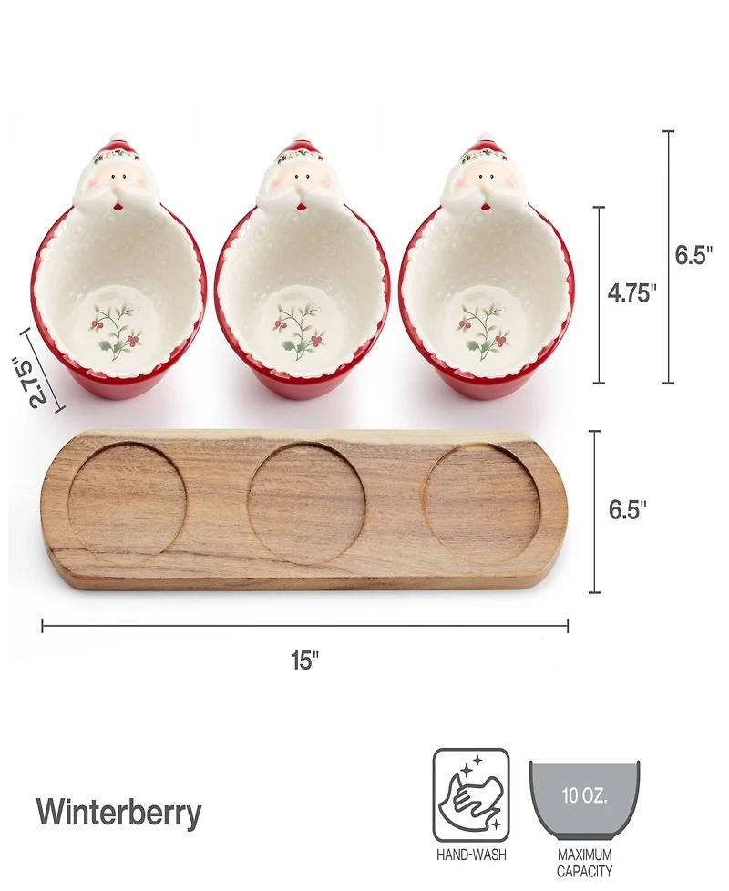 Winterberry Santa Dip Bowls with Wood Base