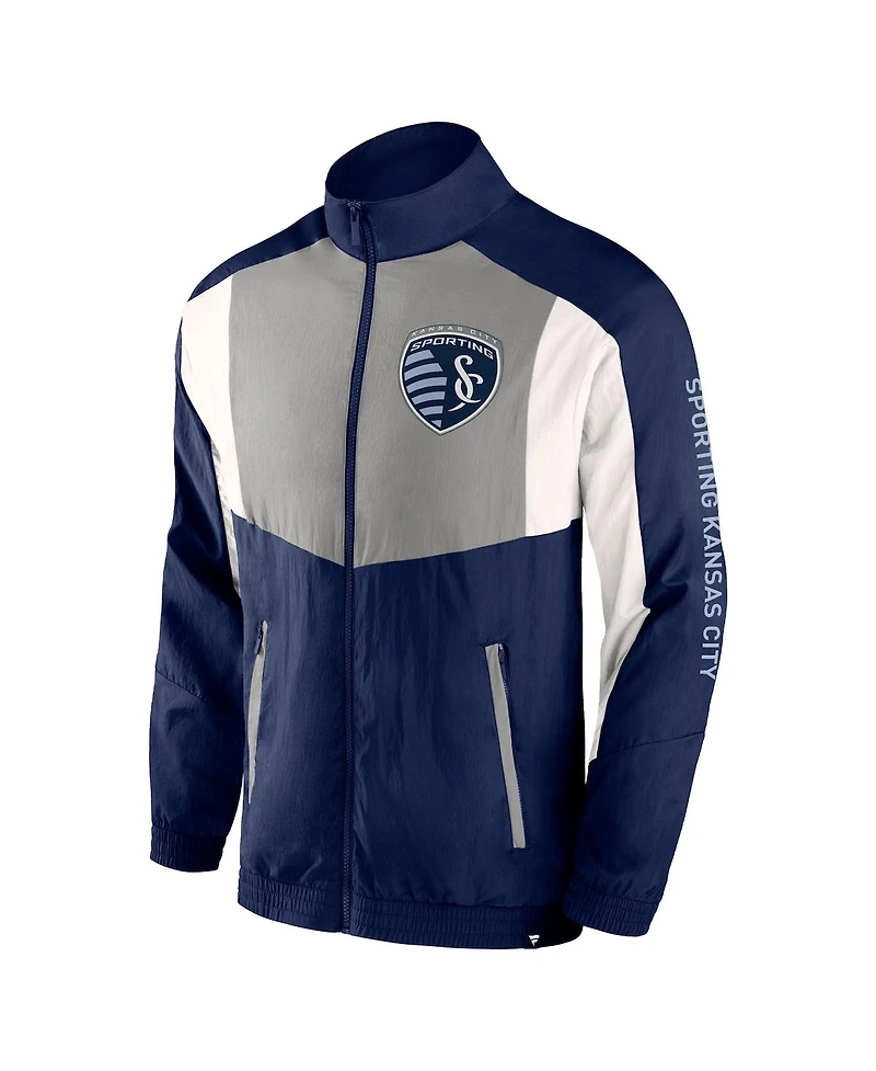 Men's Fanatics Navy Sporting Kansas City Net Goal Raglan Full-Zip Track Jacket
