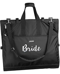 WallyBags 66" Premium Tri-Fold Carry On Destination Wedding Gown Travel Bag with Pockets and Bride Embroidery - Black