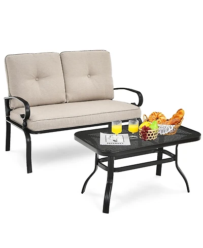 2PCS Patio Loveseat Bench Table Furniture Set Cushioned Chair