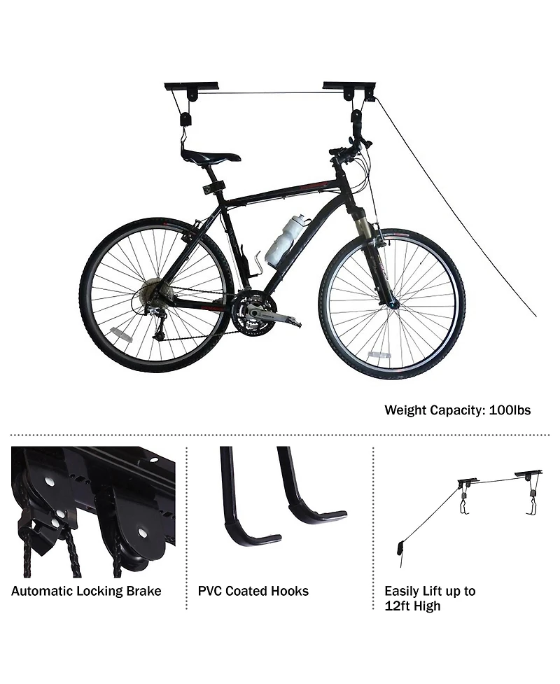 Bike Hanger - Overhead Hoist Pulley System with 100lb Capacity for Bicycles or Ladders - Secure Garage Ceiling Storage by Rad Cycle