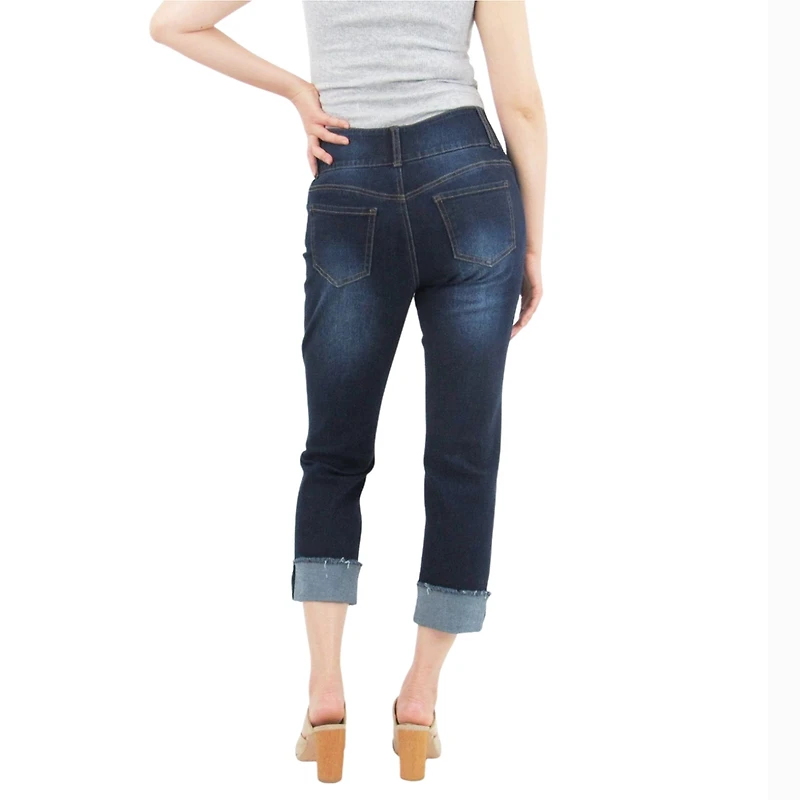 Indigo Poppy Women's Tummy Tuck Wide Cuff Straight Cropped Jeans