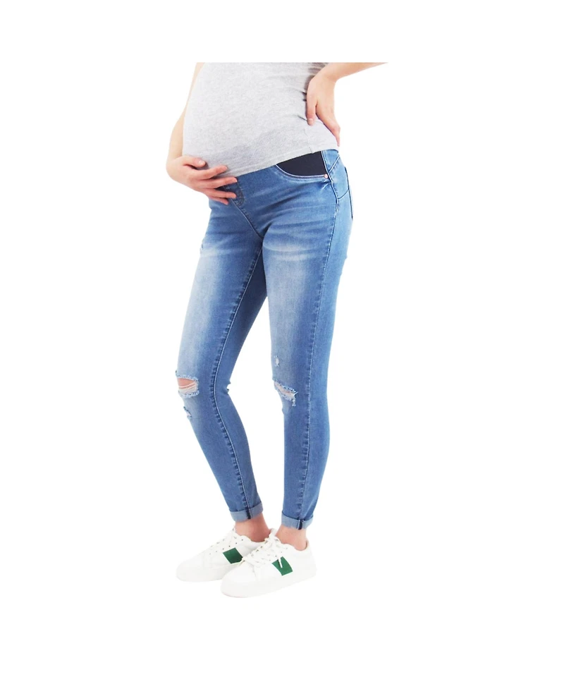 Indigo Poppy Maternity Light Wash Butt Lifter Distressed Jeans With Belly Band