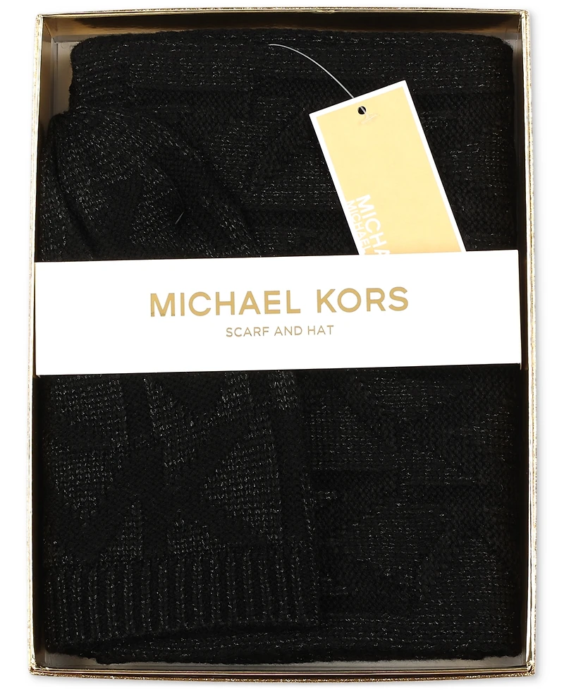 Michael Kors Women's Debossed Knit Metallic Beanie & Scarf Set