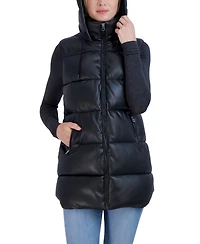Sebby Collection Women's Puffer Faux Leather Vest with Hood