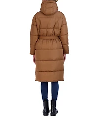 Sebby Collection Women's Long Puffer Jacket with Hood and Belt