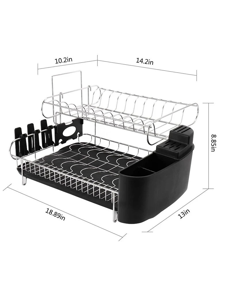 Mega Casa Double Tier Stainless Steel Dish Rack With Drainboard Set And Utensil Holder