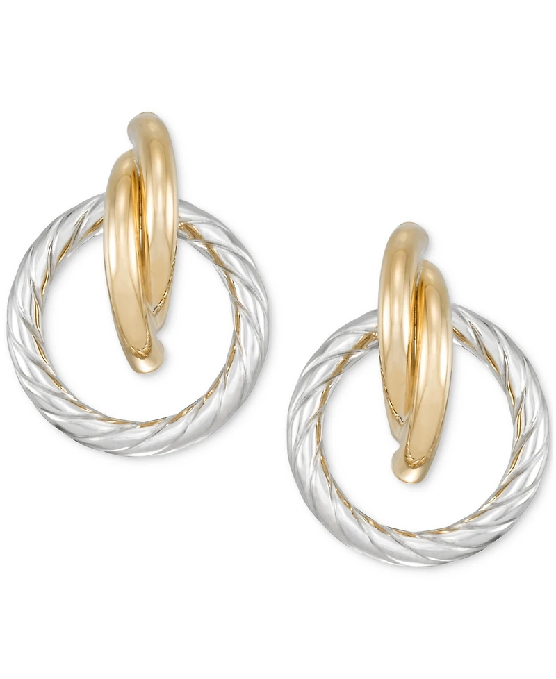 Rope Textured Circle Doorknocker Drop Earrings in 14k Two-Tone Gold