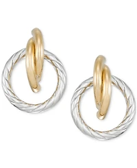 Rope Textured Circle Doorknocker Drop Earrings in 14k Two-Tone Gold