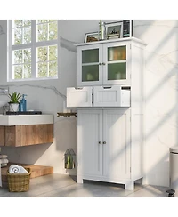 Bathroom Floor Storage Cabinet Kitchen Cupboard with 2 Drawers & Glass Doors